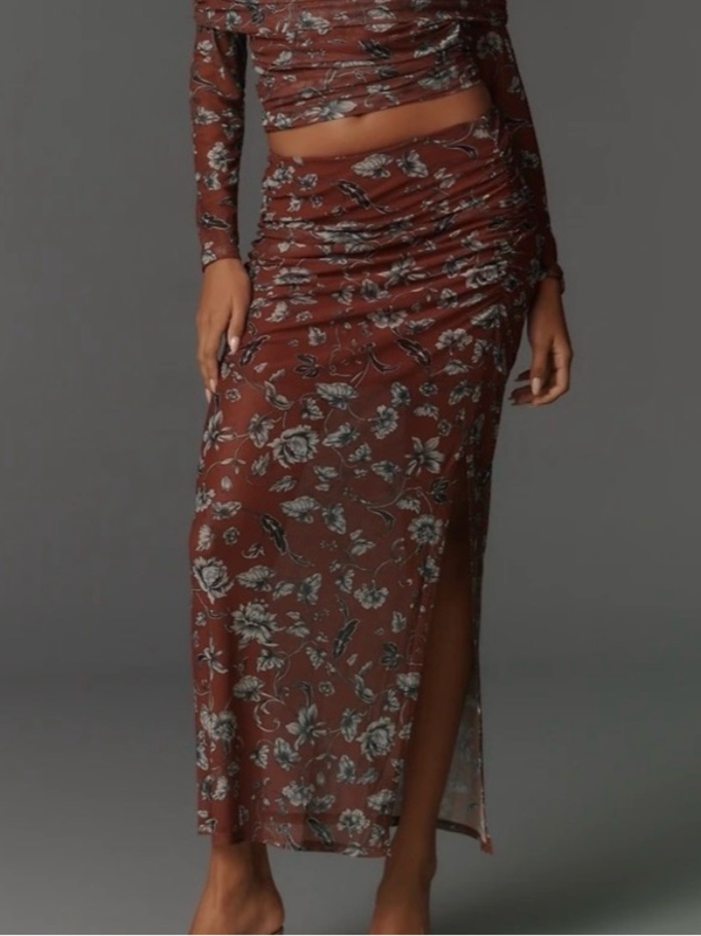 Anthropologie Maeve The Aleda Mesh Ruched Maxi Skirt Brown Floral XS NWT